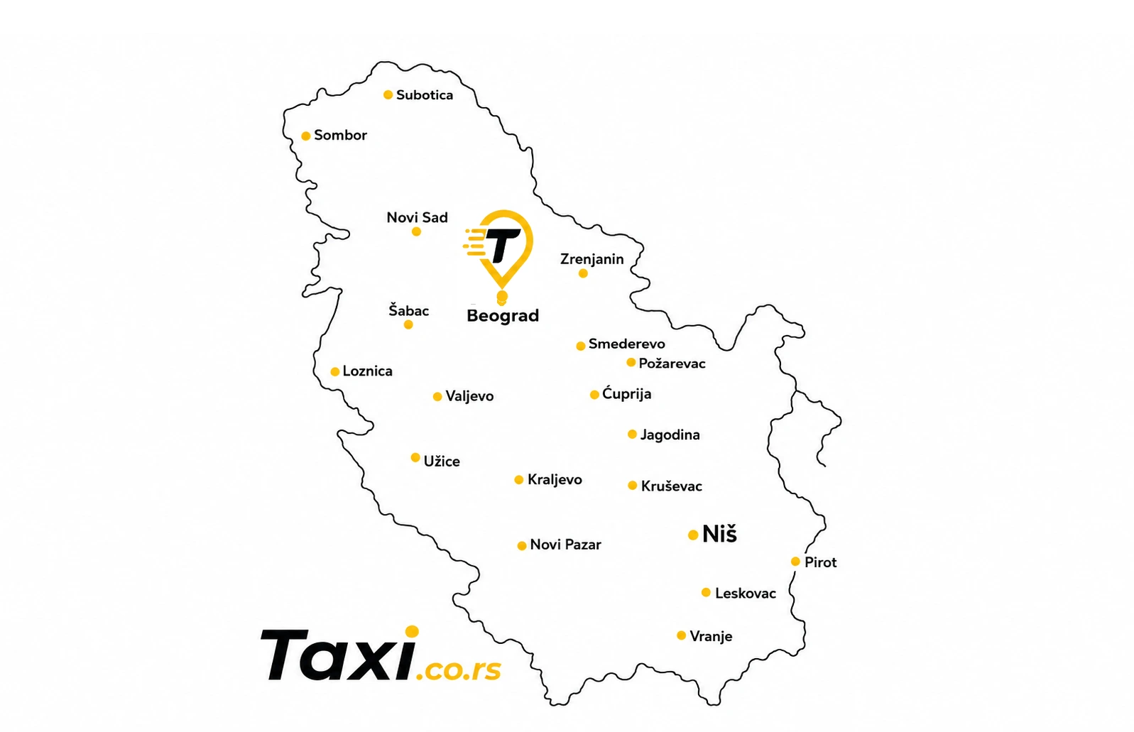Map of Serbia highlighting Belgrade and the taxi.co.rs coverage network
