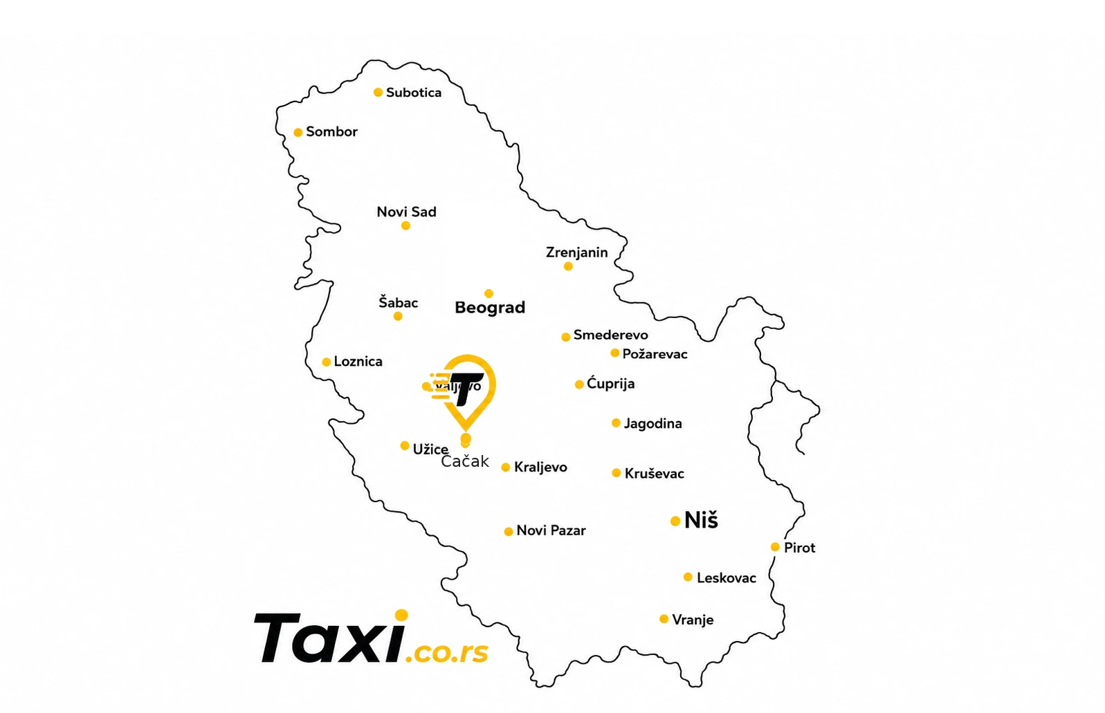 Karta Srbije sa istaknutim Čačkom gde se nalazi Taxi.co.rs pin, prikazuje taxi usluge u Čačku i zapadnoj Srbiji uključujući Kraljevo, Užice i Valjevo, kao i Beograd