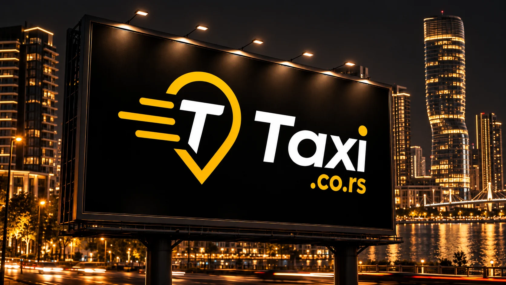 taxi.co.rs osvetljeni bilbord sa logotipom ispred Beograda na vodi noću
