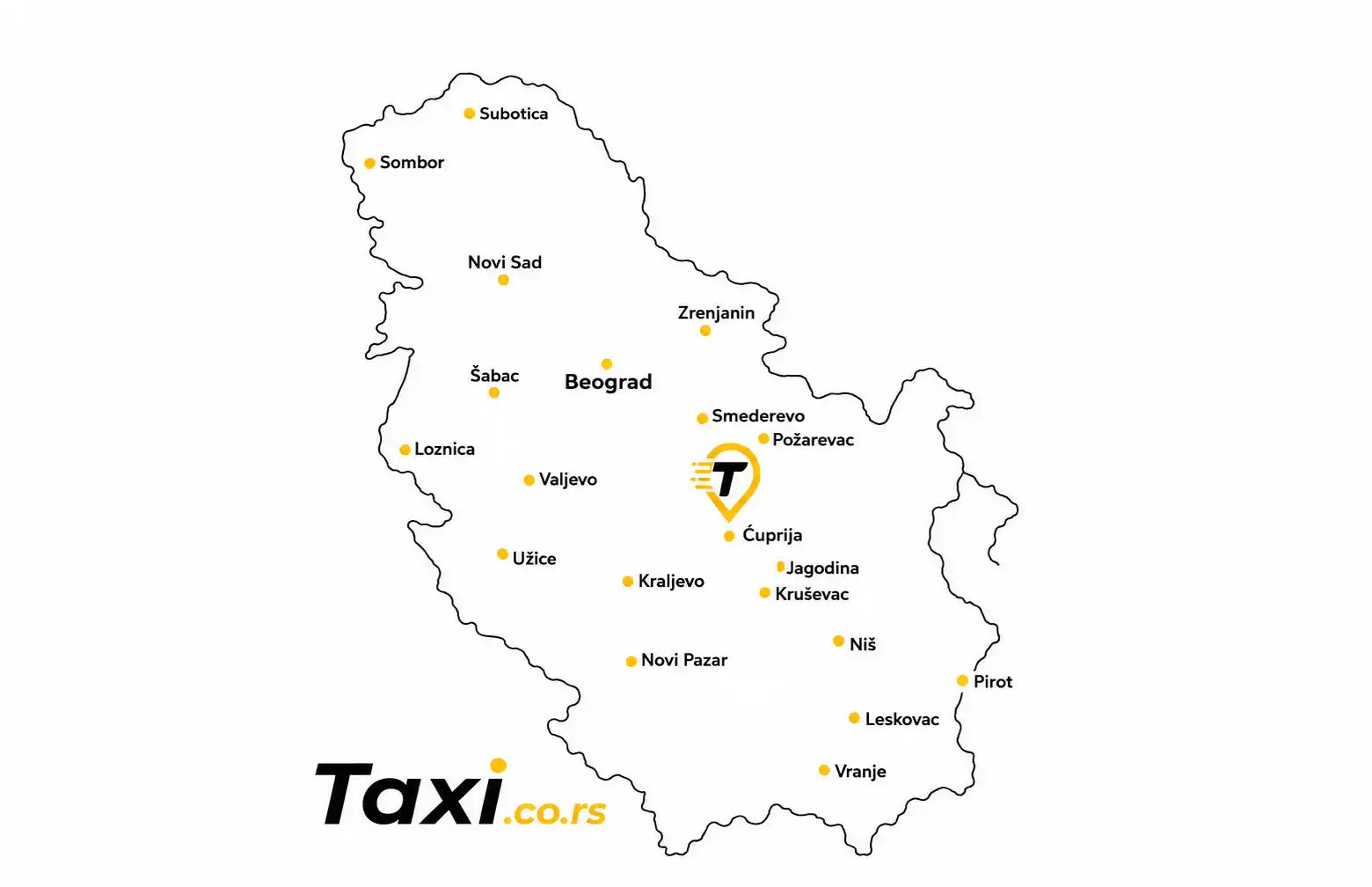 Karta Srbije sa istaknutom Jagodinom gde se nalazi Taxi.co.rs pin, prikazuje taxi usluge u Jagodini i okolnim gradovima Pomoravlja uključujući Ćupriju, Paraćin i Kragujevac