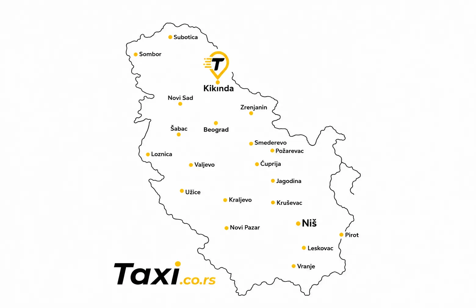 Mapa Srbije sa taxi pinom na Kikindi