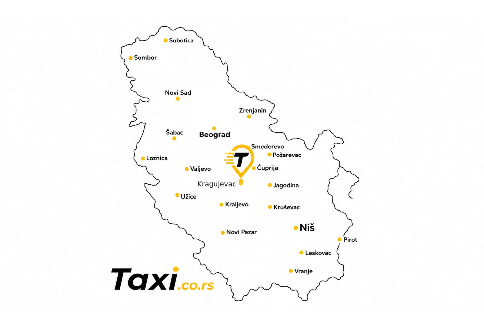 Karta Srbije sa istaknutim Kragujevcem gde se nalazi Taxi.co.rs pin, prikazuje taxi usluge u Kragujevcu i Šumadiji uključujući Kraljevo, Čačak i Jagodinu, kao i Beograd