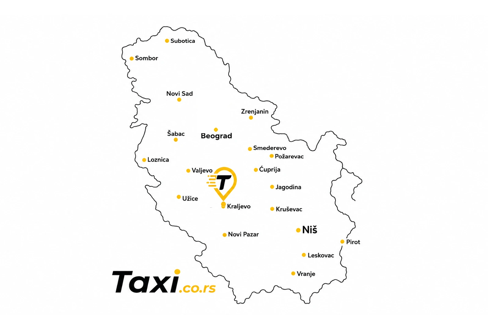 Karta Srbije sa istaknutim Kraljevom gde se nalazi Taxi.co.rs pin, prikazuje taxi usluge u Kraljevu i centralnoj Srbiji uključujući Čačak, Kruševac, Kragujevac i Novi Pazar, kao i Beograd