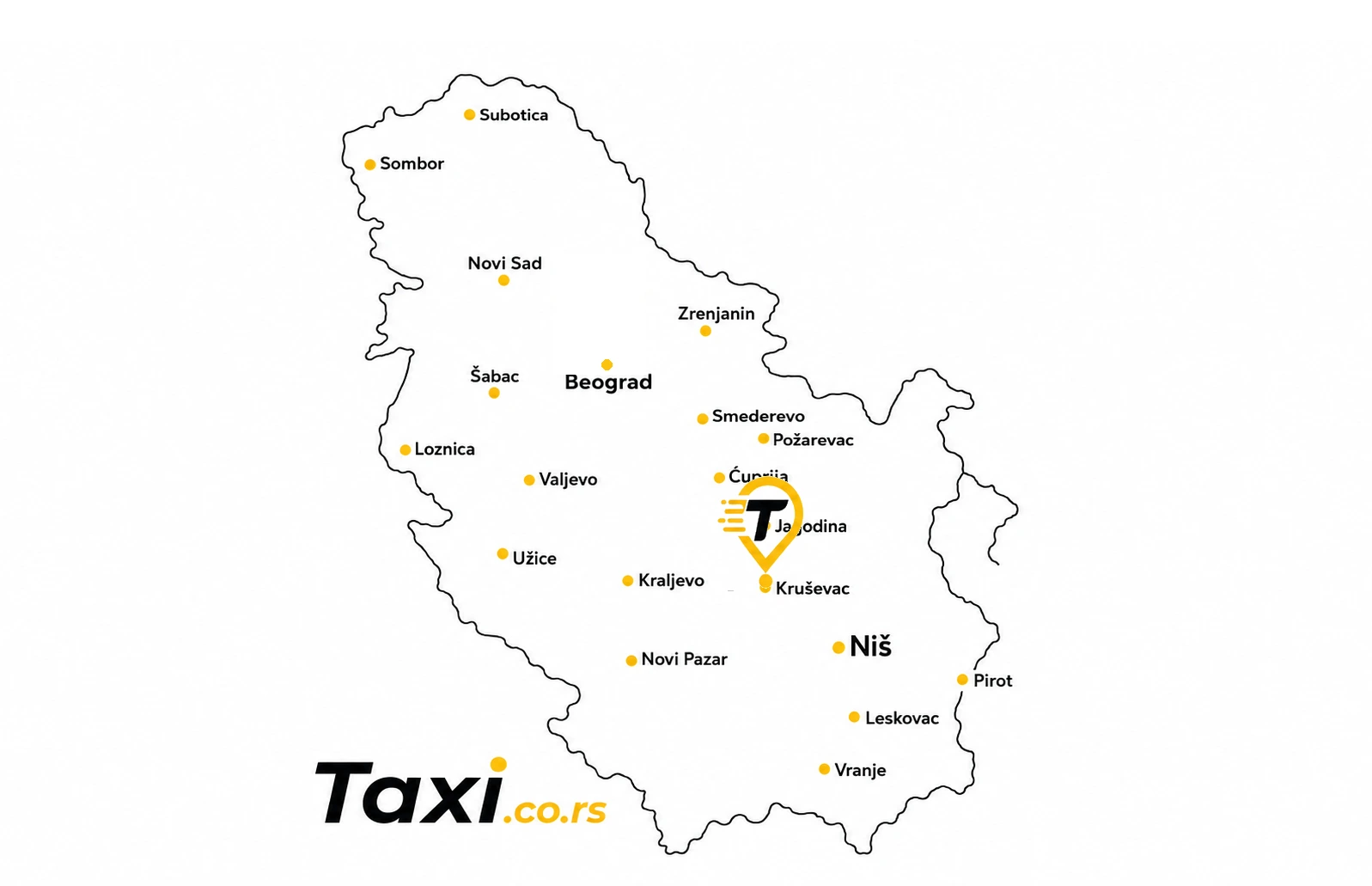 Karta Srbije sa istaknutim Kruševcem gde se nalazi Taxi.co.rs pin, prikazuje taxi usluge u Kruševcu i Rasinskom okrugu