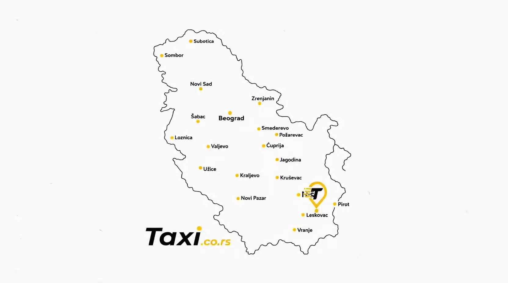 Karta Srbije sa istaknutim Leskovcem gde se nalazi Taxi.co.rs pin, prikazuje taxi usluge u Leskovcu i južnoj Srbiji uključujući Niš, Vranje i Pirot, kao i Beograd