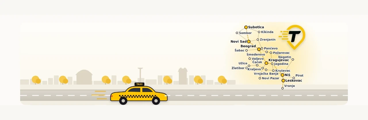 Ilustracija taxi mreže Srbije sa mapom gradova, gradskim pejzažom i taxi vozilom