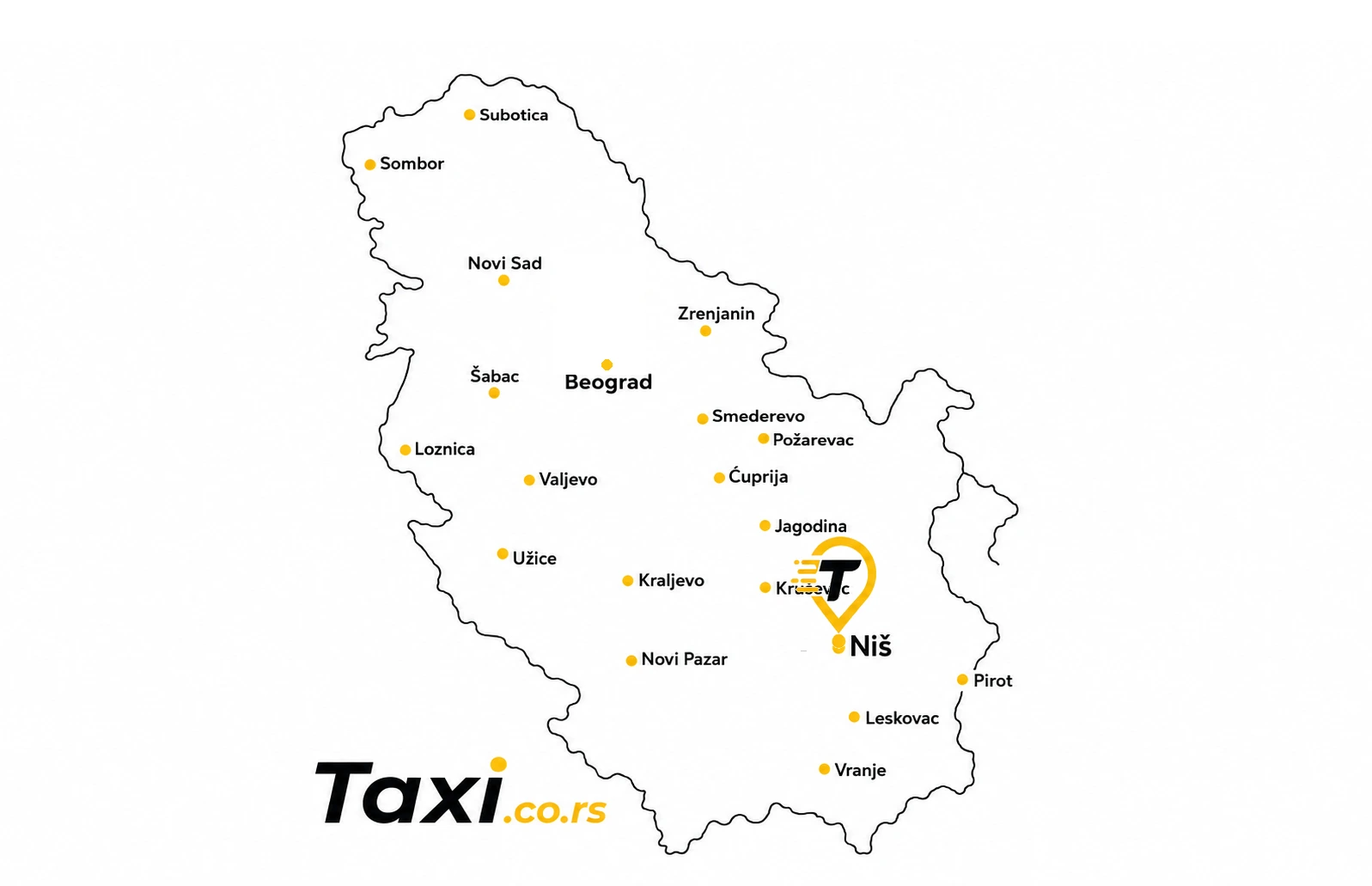 Map of Serbia highlighting Niš and the Taxi.co.rs pin, with taxi coverage in Niš and other cities across southern Serbia