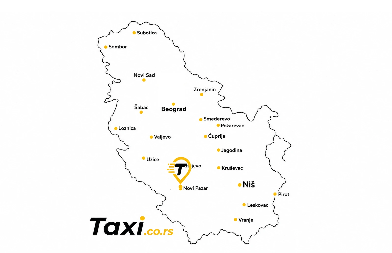 Karta Srbije sa istaknutim Novim Pazarom gde se nalazi Taxi.co.rs pin, prikazuje taxi usluge u Novom Pazaru i jugozapadnoj Srbiji uključujući Kraljevo i Čačak, kao i Beograd i Niš