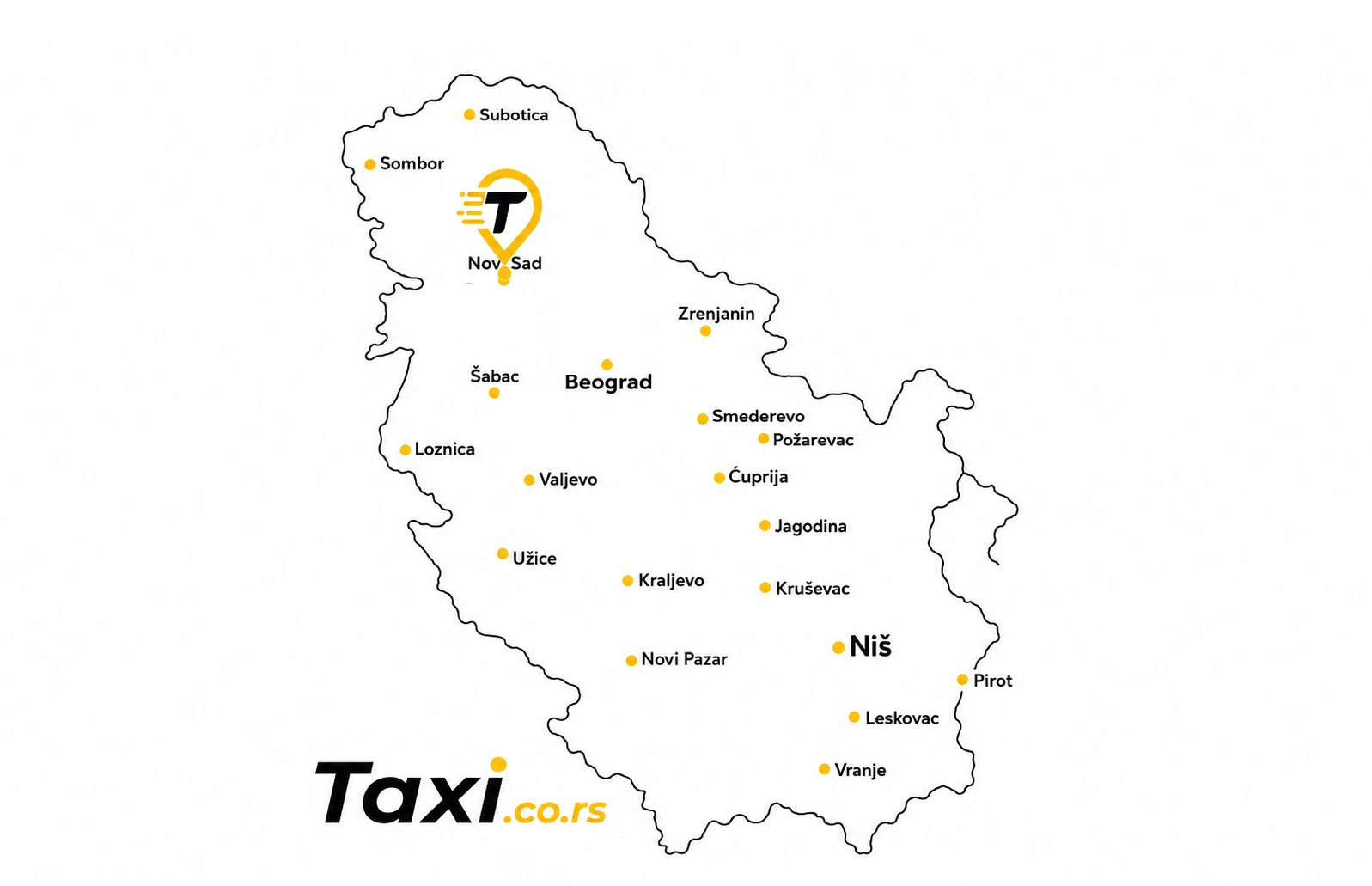 Karta Srbije sa istaknutim Novim Sadom gde se nalazi Taxi.co.rs pin, prikazuje taxi usluge u Novom Sadu i drugim gradovima Vojvodine uključujući Suboticu, Sombor i Zrenjanin, kao i Beograd