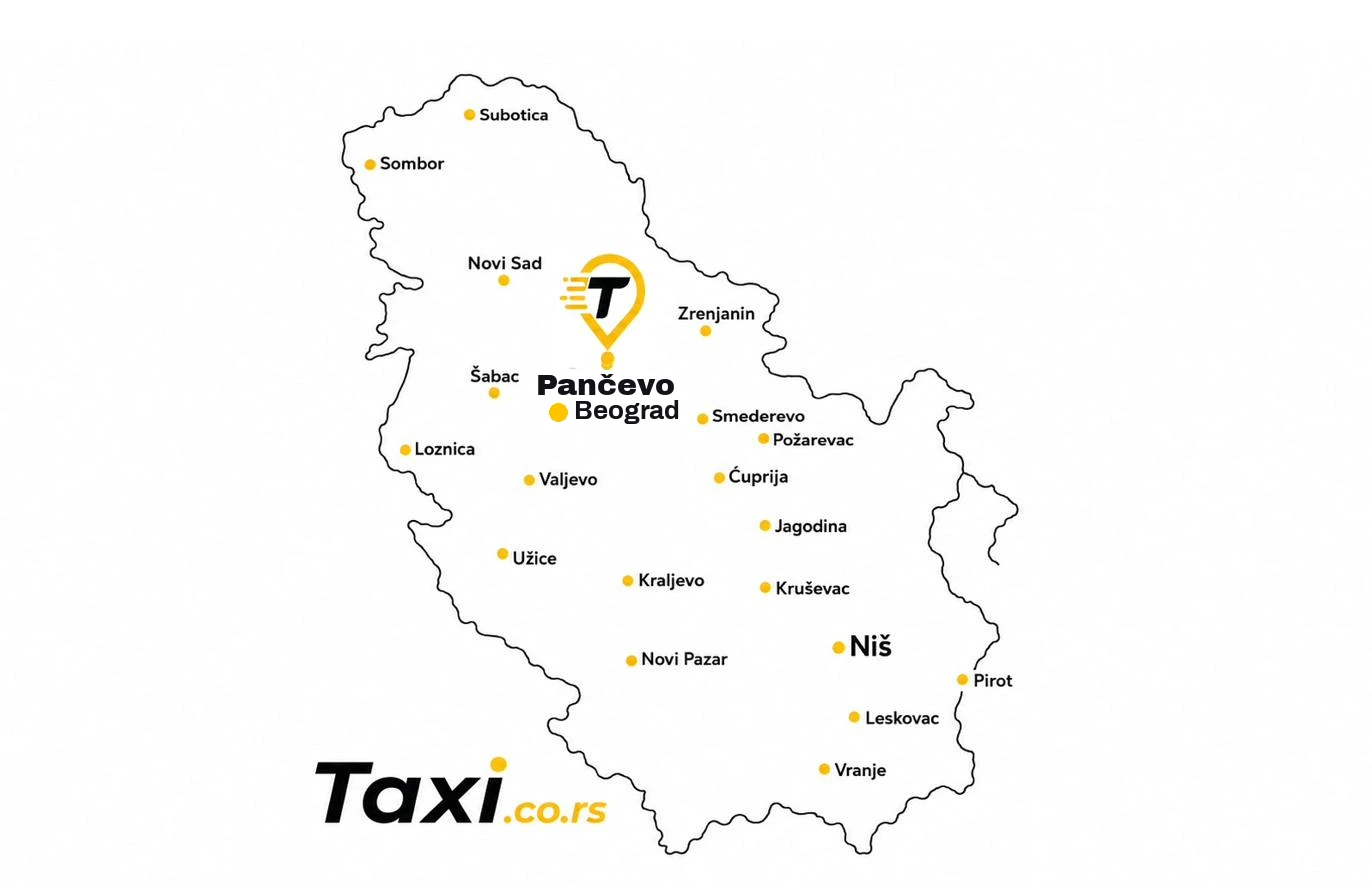 Karta Srbije sa istaknutim Pančevom gde se nalazi Taxi.co.rs pin, prikazuje taxi usluge u Pančevu i Južnobanatskom okrugu, uz najbliže veze ka Beogradu, Smederevu, Kovinu i Vršcu