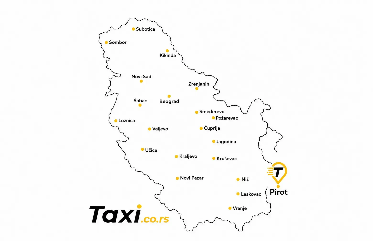 Mapa Srbije sa taxi pinom kod Pirota