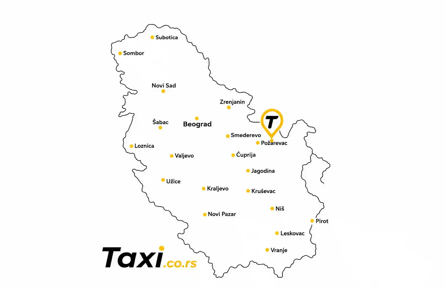 Karta Srbije sa istaknutim Požarevcem gde se nalazi Taxi.co.rs pin, prikazuje taxi usluge u Požarevcu i okolnim gradovima istočne Srbije uključujući Smederevo, Beograd i Kostolac
