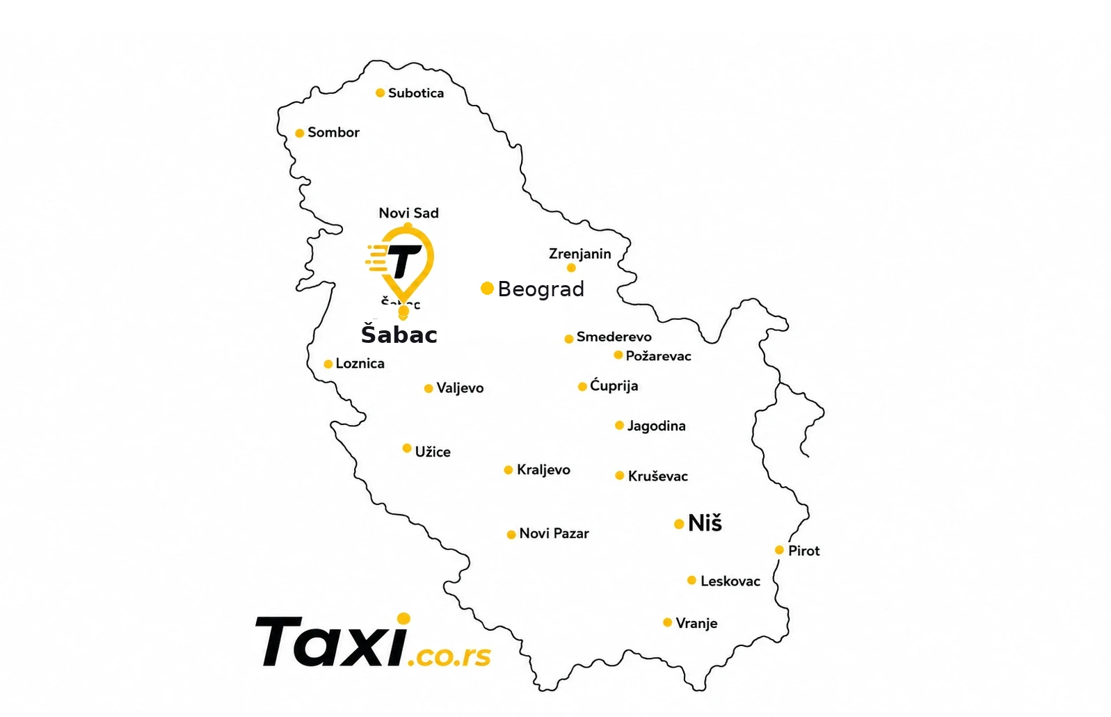 Karta Srbije sa istaknutim Šapcom gde se nalazi Taxi.co.rs pin, prikazuje taxi usluge u Šapcu i Mačvanskom okrugu uključujući Loznicu, Bogatić i Vladimirce, kao i vezu ka Beogradu