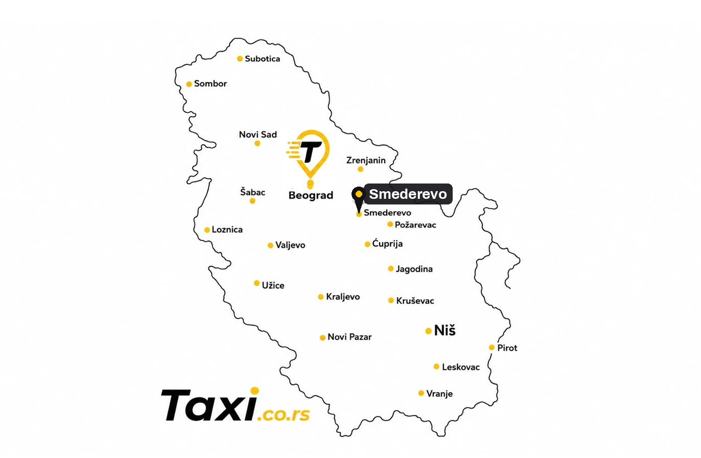 Karta Srbije sa istaknutim Smederevom gde se nalazi Taxi.co.rs pin, prikazuje taxi usluge u Smederevu i Podunavskom okrugu, uz najbliže veze ka Beogradu, Požarevcu i Smederevskoj Palanci