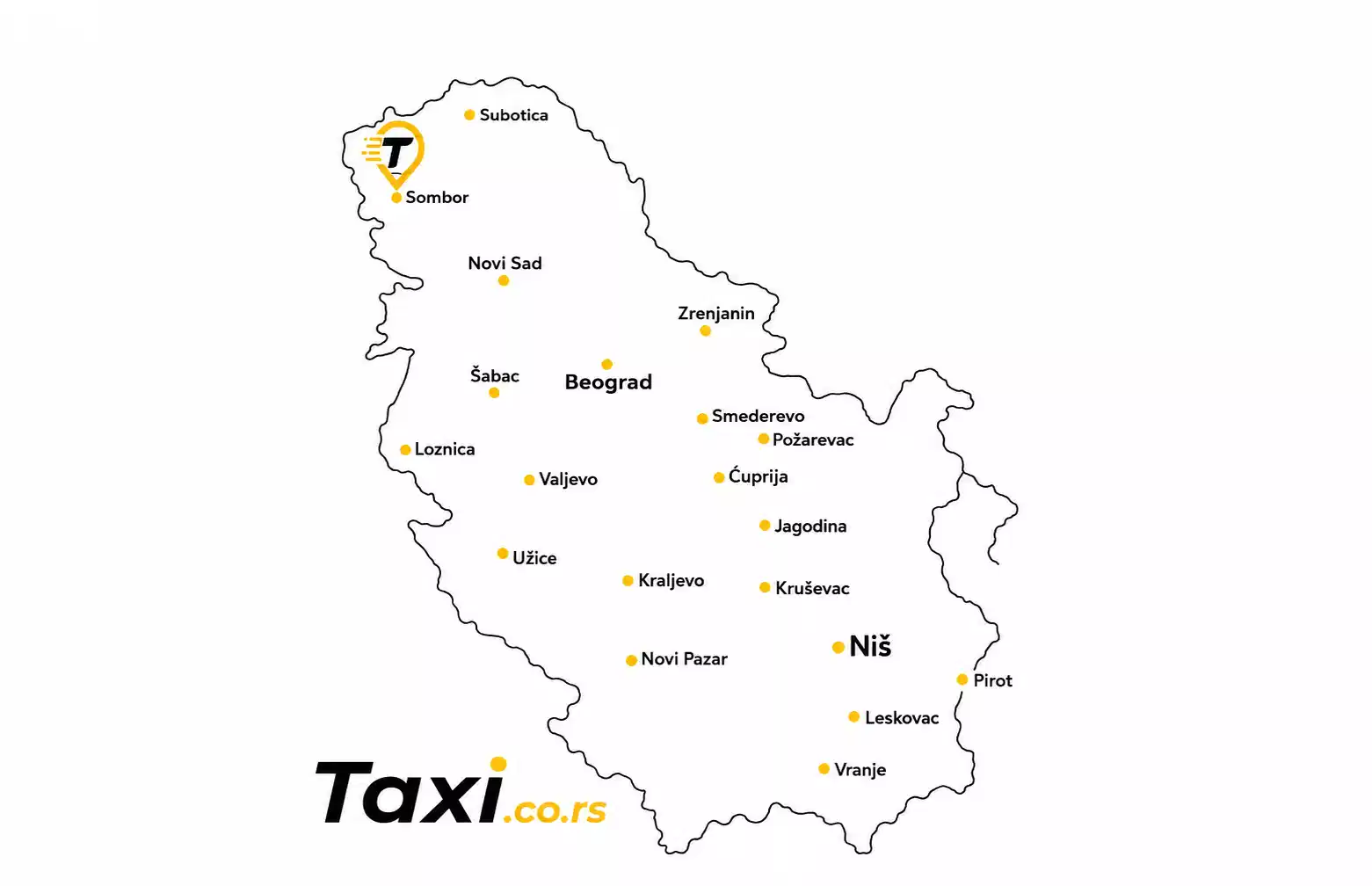 Karta Srbije sa istaknutim Somborom gde se nalazi Taxi.co.rs pin, prikazuje taxi usluge u Somboru i okolnim gradovima zapadne Bačke uključujući Apatin, Odžake i Kulu