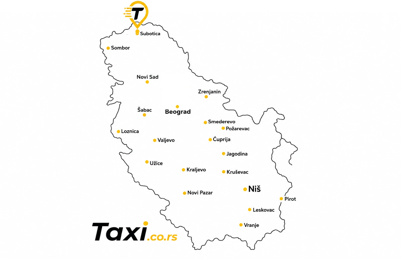Karta Srbije sa istaknutom Suboticom gde se nalazi Taxi.co.rs pin, prikazuje taxi usluge u Subotici i severu Srbije uključujući Sombor, Kikindu i Sentu, kao i Palić i granične prelaze Kelebija i Horgoš