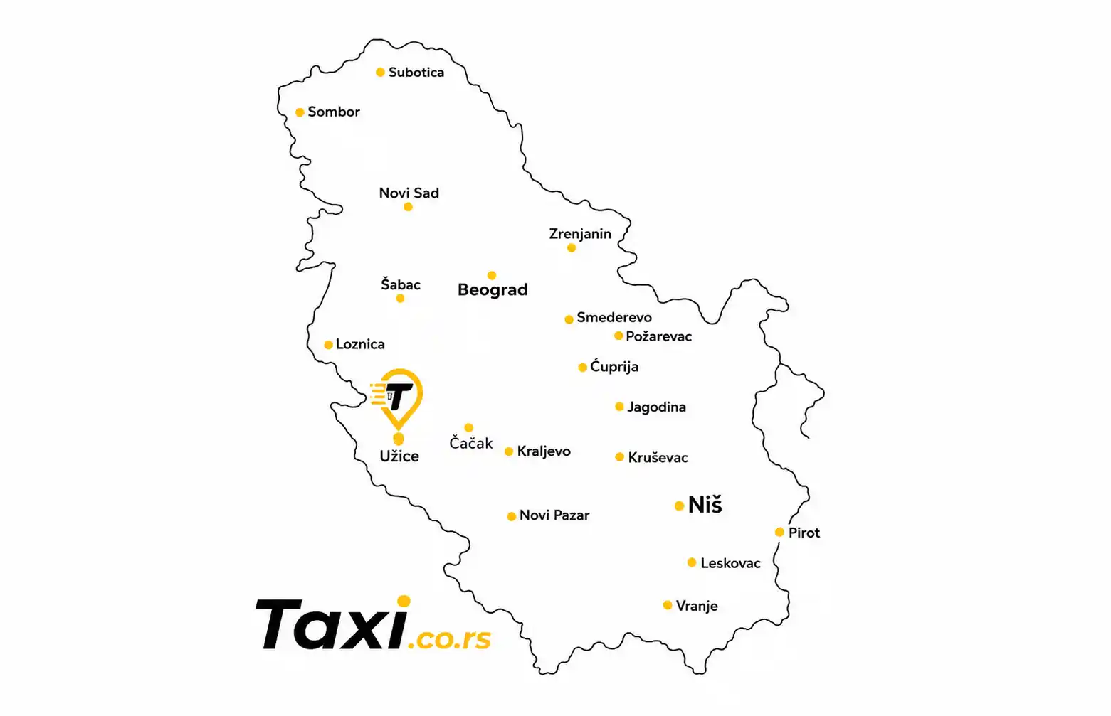 Karta Srbije sa istaknutim Užicem gde se nalazi Taxi.co.rs pin, prikazuje taxi usluge u Užicu i Zlatiborskom okrugu, uz veze ka Zlatiboru, Sevojnu i Beogradu