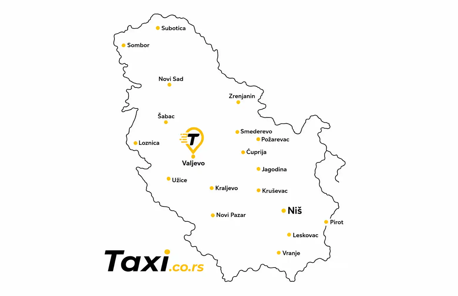 Karta Srbije sa istaknutim Valjevom gde se nalazi Taxi.co.rs pin, prikazuje taxi usluge u Valjevu i Kolubarskom okrugu, uz najbliže veze ka Beogradu, Šapcu i Čačku