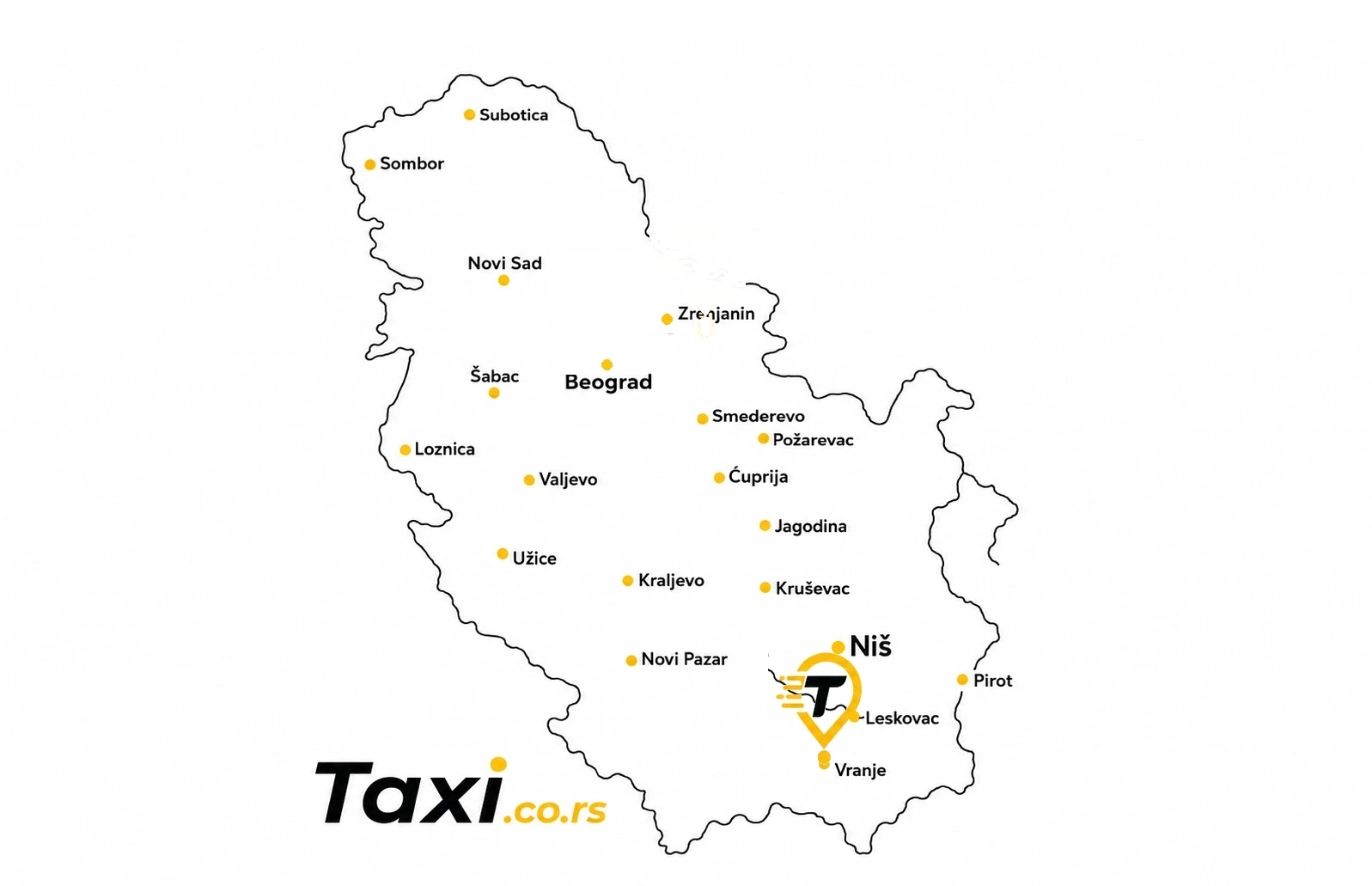 Karta Srbije sa istaknutim Vranjem gde se nalazi Taxi.co.rs pin, prikazuje taxi usluge u Vranju i Pčinjskom okrugu uključujući Leskovac, Bujanovac i Surdulicu, kao i Niš