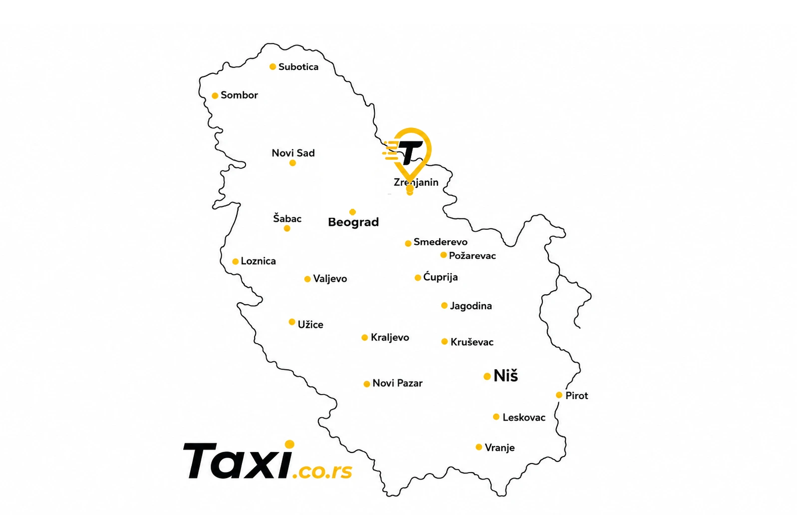 Karta Srbije sa istaknutim Zrenjaninom gde se nalazi Taxi.co.rs pin, prikazuje taxi usluge u Zrenjaninu i Srednjebanatskom okrugu uključujući Novi Sad, Kikindu i Pančevo, kao i Beograd